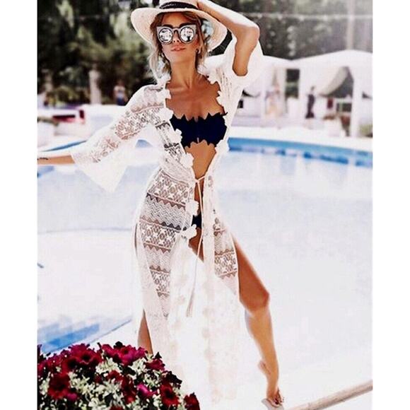 Off White Boho Gypsy Beach Goddess Swim Cover Up Maxi Dress Duster Tie Front - Picture 2 of 2